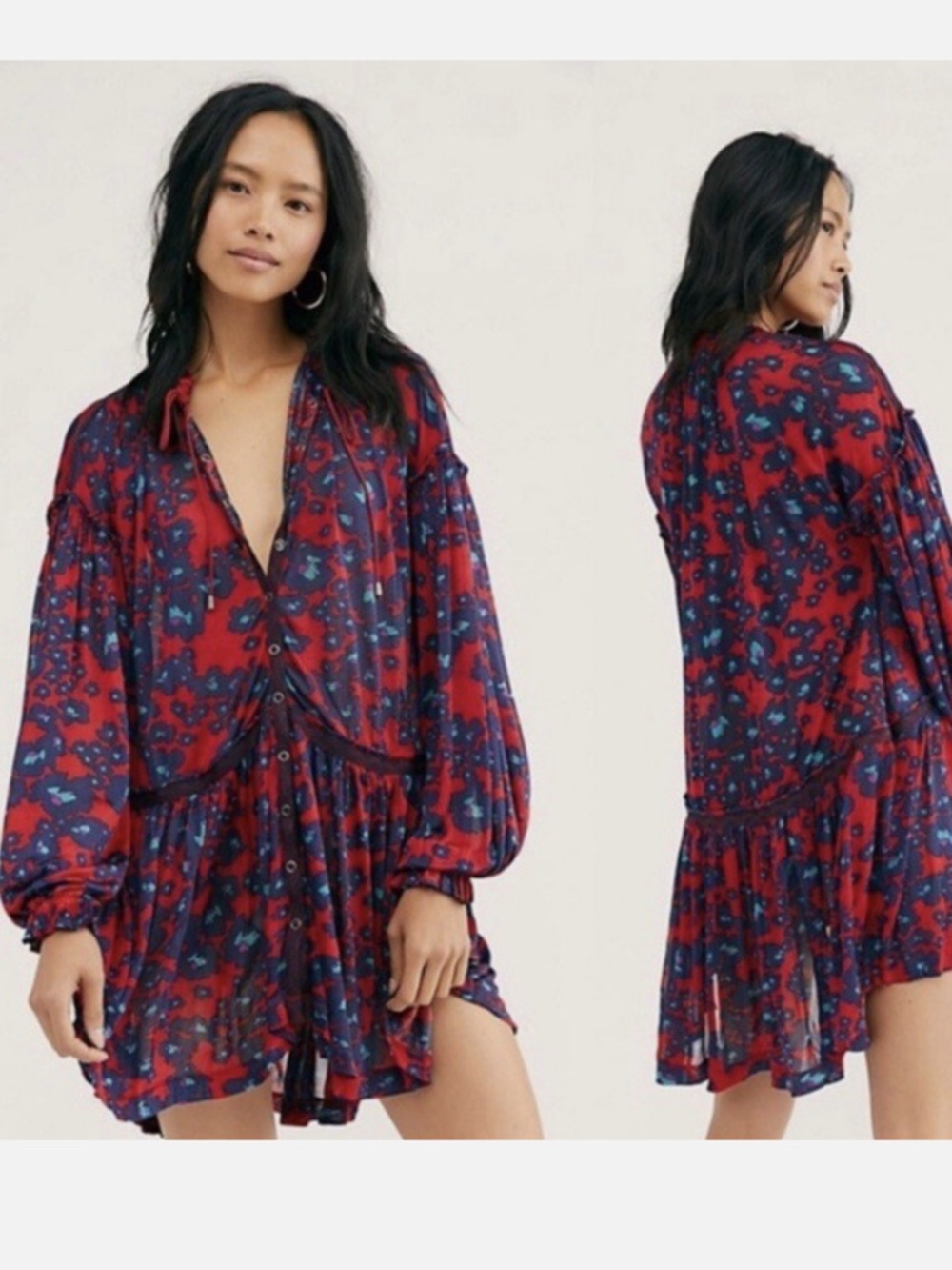 Free People Love Letter Silky Drop Waist Tunic Dress Merlot Combo Size M NWT